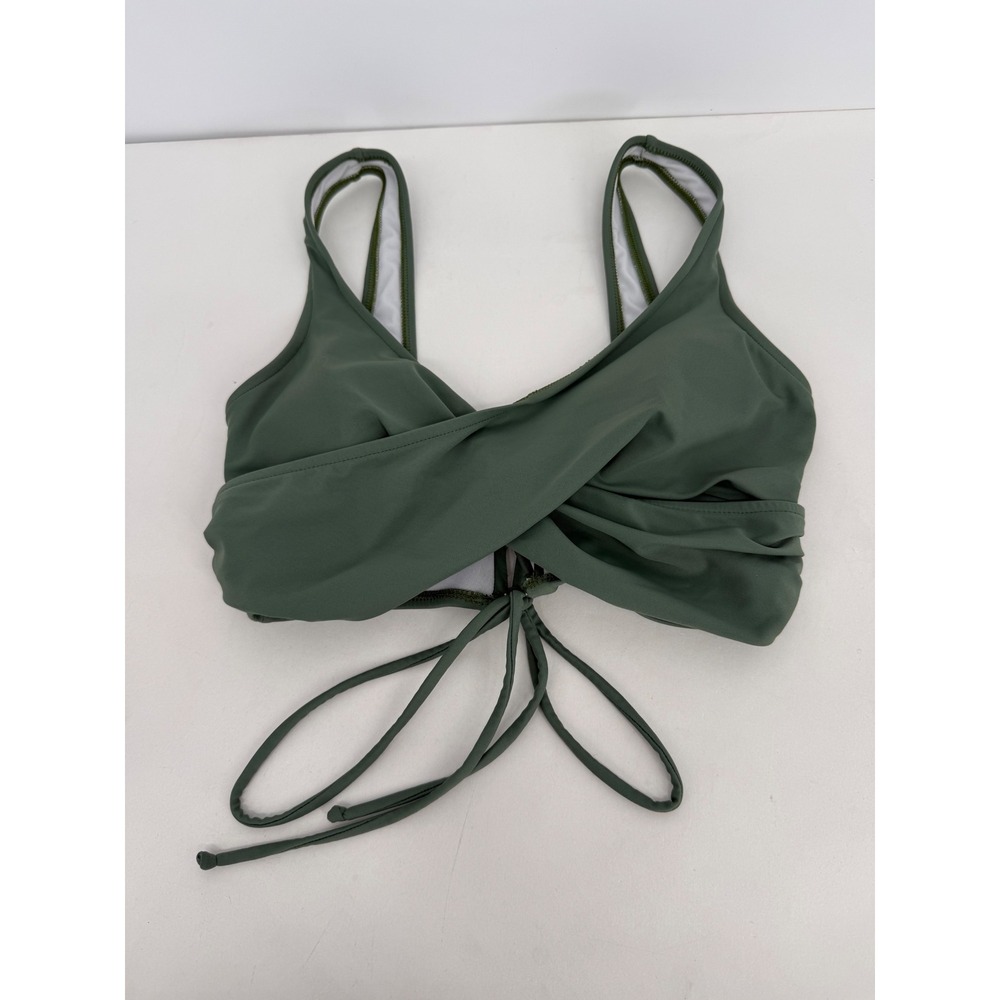 Venus Olive Green Wrap Front Lace Up Back Bikini Top V-Neck Swim Top Sz M